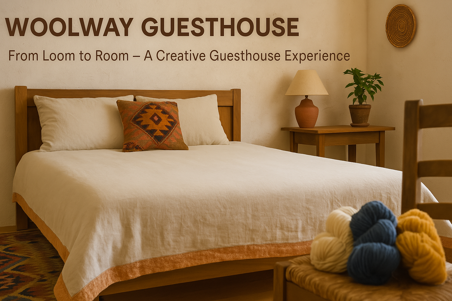 Cozy guest room at Woolway Guesthouse with a handmade kilim pillow, natural linen bedding, wooden furniture, and skeins of colorful wool yarn, with the tagline "From Loom to Room – A Creative Guesthouse Experience" on the wall.